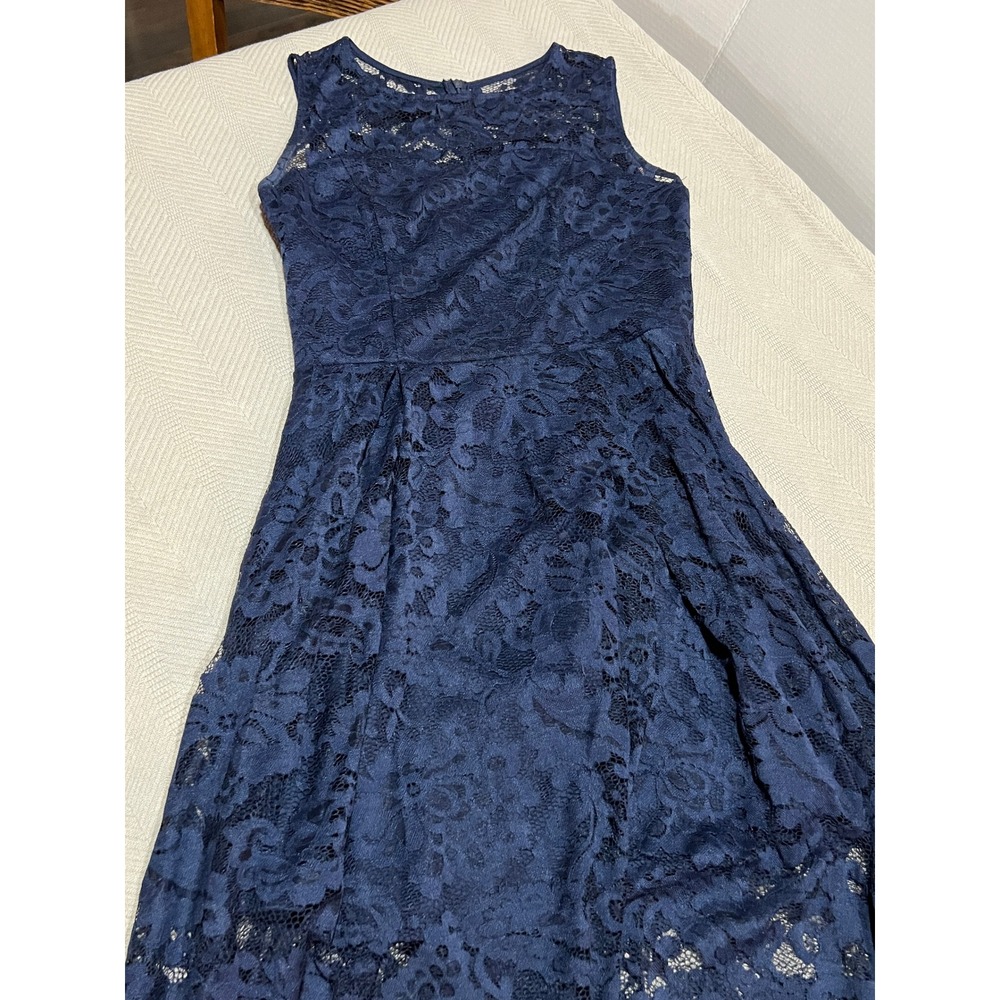 Muadress Navy Blue Lace High Low Dress Sleeveless Sheer Wedding Formal Sz Large - Picture 3 of 8